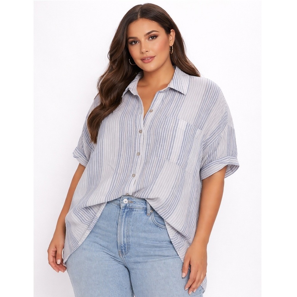 Black Tape Striped Button Down Shirt Womens 2X Blue White